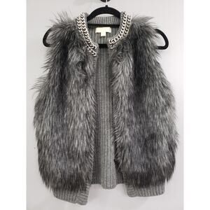 MICHAEL KORS Chain Detail Faux Fur Sweater Vest Derby Wool Blend Glam Mob Boss‎